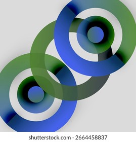 Abstract circles overlap, creating layered visual effect. Green, blue, white hues dominate composition. Modern design.