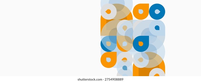 Abstract circles overlap, creating layered visual effect. Orange, blue hues dominate simple background. Modern design element.
