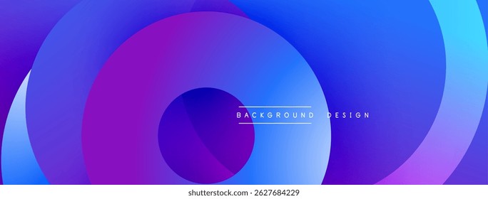 Os círculos abstratos se sobrepõem, criando gradientes roxos e azuis vibrantes. Elementos de design modernos sugerem movimento dinâmico, transições suaves.