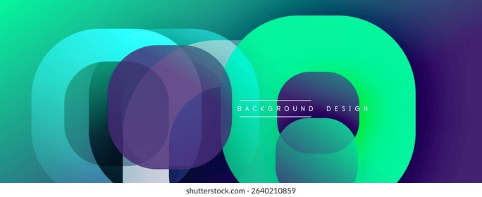 Abstract circles overlap, creating vibrant gradients. Turquoise, purple hues dominate dark background. Modern design element.
