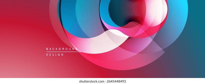 Abstract circles overlap, creating vibrant gradients. Red, blue, pink hues dominate design. Modern, dynamic composition.
