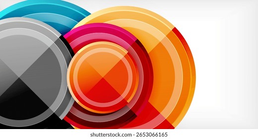 Os círculos abstratos se sobrepõem, criando gradientes de cores vibrantes. Design moderno com acabamento brilhante, composição dinâmica.