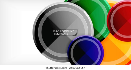 Abstract circles overlap, creating vibrant color gradients. Modern design with glossy effects, suitable for backgrounds. Black dominates space.