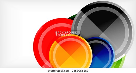 Os círculos abstratos se sobrepõem, criando gradientes de cores vibrantes. Design apresenta acabamento brilhante, estética moderna. O plano de fundo preto fornece contraste.