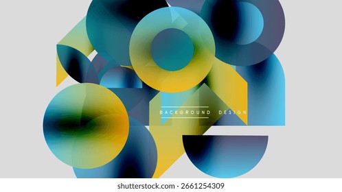Abstract circles overlap, creating vibrant color gradients. Yellow, blue hues dominate composition. Modern design element.