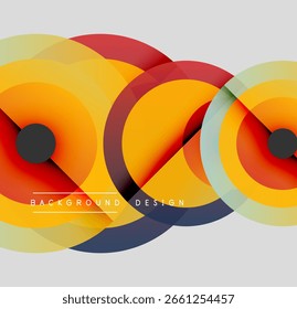 Os círculos abstratos se sobrepõem, criando gradientes de cores vibrantes. Elementos de design modernos sugerem experiência visual dinâmica.