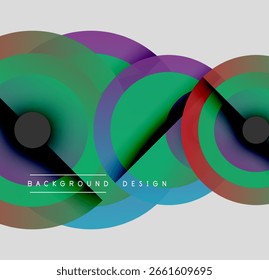 Abstract circles overlap, creating vibrant color gradients. Minimalist design with dark spheres, modern aesthetic.