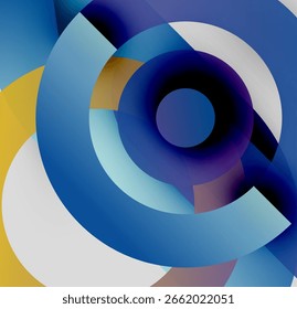 Os círculos abstratos se sobrepõem, criando gradientes de cores vibrantes. Composição dominante azul, amarelo, branco. Elemento de design moderno.