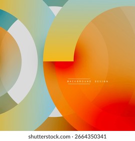 Os círculos abstratos se sobrepõem, criando gradientes vibrantes. Tons laranja, amarelo, azul dominam o design. Estética minimalista, sensação moderna.