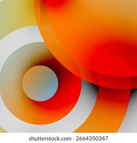Abstract circles overlap, creating vibrant orange, red, white gradients. Minimalist design, modern aesthetic.