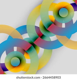 Os círculos abstratos se sobrepõem, criando gradientes de cores vibrantes. Design apresenta camadas translúcidas, estética moderna. Composição minimalista, linhas limpas.