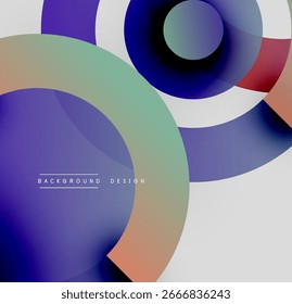 Abstrakte Kreise überlappen sich und erzeugen lebendige Farbverläufe. Modernes Design verwendet Blau, Grün, Orange Farbtöne. Minimalistische Hintergrundtextur vorhanden.