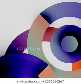 Os círculos abstratos se sobrepõem, criando gradientes de cores vibrantes. Design moderno apresenta camadas translúcidas, transições suaves. O fundo é escuro, com contraste claro presente.