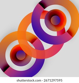 Os círculos abstratos se sobrepõem, criando gradientes vibrantes. Laranja, roxo, tons vermelhos dominam o design. Moderna, estética minimalista.