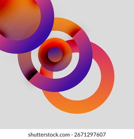 Los círculos Abstractas se superponen, creando Gradientes vibrantes. Los tonos púrpura, naranja y rojo dominan el fondo neutro. Elemento de diseño moderno.