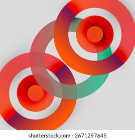 Abstract circles overlap, creating vibrant color gradients. Red, teal, white dominate composition. Modern design, simple shapes.