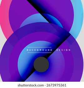 Abstract circles overlap, creating vibrant gradients. Purple, blue, pink hues dominate composition. Modern design element.