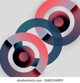 Abstract circles overlap, creating vibrant color gradients. Red, white, navy hues dominate composition. Modern design elements present.