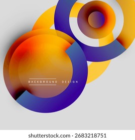 Os círculos abstratos se sobrepõem, criando gradientes vibrantes. Amarelos, laranjas, roxos dominam o fundo cinza neutro. Elemento de design moderno.