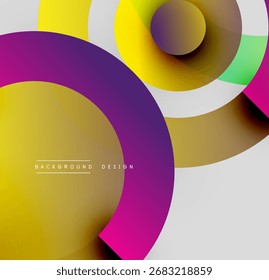 Abstract circles overlap, creating vibrant color gradients. Modern design utilizes yellow, purple, green hues. Minimalist aesthetic.