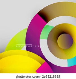 Los círculos Abstractas se superponen, creando Gradientes de colores vibrantes. Los Elementos de diseño modernos sugieren una experiencia visual dinámica.