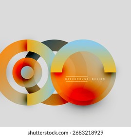 Os círculos abstratos se sobrepõem, criando gradientes de cores vibrantes. Elementos de design modernos sugerem tecnologia, inovação, dinamismo.