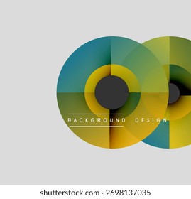 Abstract circles overlap, creating vibrant color gradients. Modern design elements suggest technology, innovation, visual appeal. Background is light gray.