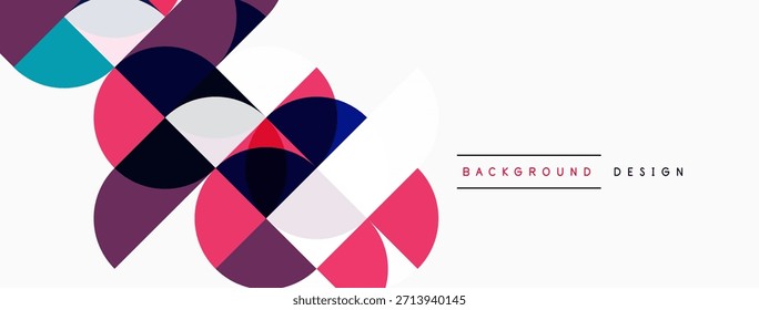Círculos abstratos se sobrepõem, criando um padrão geométrico vibrante. O espaço em branco domina o lado direito, o texto indica o conceito de design do plano de fundo.