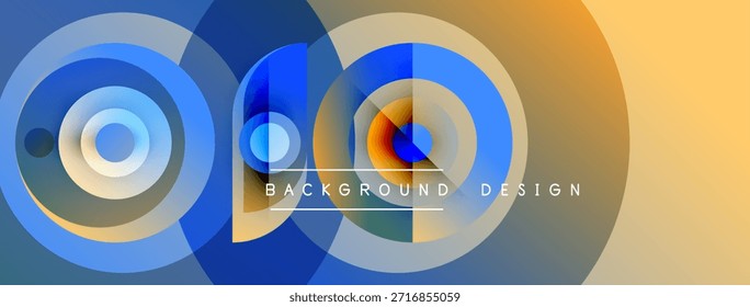Círculos abstratos se sobrepõem, criando gradientes azuis e laranja vibrantes. O texto lê o design do plano de fundo em formas centrais. Estética moderna e limpa.