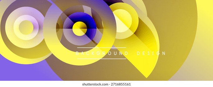 Os círculos abstratos se sobrepõem, criando gradientes vibrantes amarelos e roxos. O texto lê o design do plano de fundo centralizado na composição.