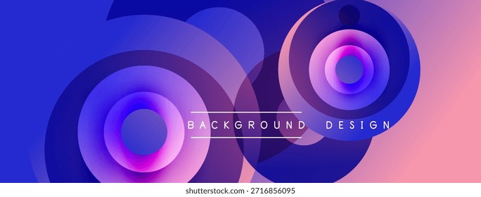 Os círculos abstratos se sobrepõem, criando gradientes vibrantes. Tons azuis, roxos e cor-de-rosa dominam o design. Composição visual moderna e dinâmica.