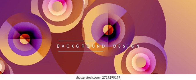 Os círculos abstratos se sobrepõem, criando gradientes vibrantes. Cores quentes dominam o design, com texto afirmando o design de fundo. Estética moderna.