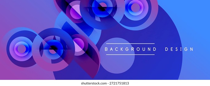 Los círculos Abstractas se superponen, creando vibrantes Gradientes púrpuras y azules. Los Elementos de diseño modernos sugieren tecnología, innovación, profundidad. El fondo incluye etiquetas de texto.