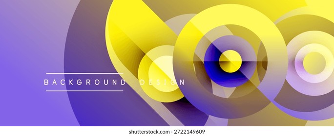Os círculos abstratos se sobrepõem, criando gradientes vibrantes roxos e amarelos. Elementos de design modernos sugerem experiência visual dinâmica.