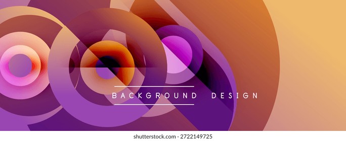 Os círculos abstratos se sobrepõem, criando gradientes laranja vibrante e roxo. Elementos de design modernos sugerem movimento dinâmico, profundidade visual.