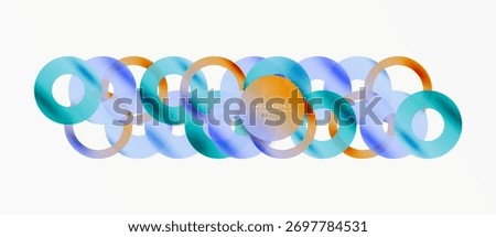Abstract circles overlap, creating vibrant layers. Blue, orange, turquoise hues blend seamlessly. Minimalist design, clean aesthetic.