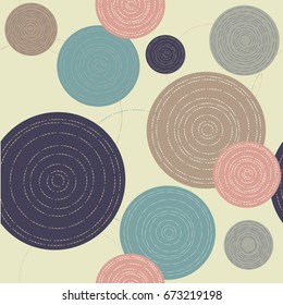 Abstract circles of pastel tones, seamless pattern for covering furniture or fabric. Grey, blue and pink circles with the stitching on a dark blue background