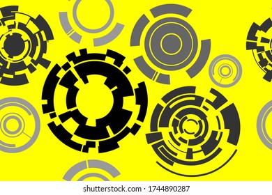 Abstract Circles pattern. Imitation mechanisms. Print in yellow-gray colors. Illustration for packaging, fabric, textile, wallpaper.