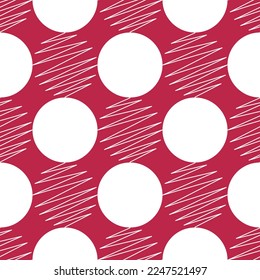 Abstract circles. Seamless vector pattern. White color ring figures and curve lines on a magenta background. For creative designs, papers, wallpapers, wrappers, textiles, fabrics, and web.