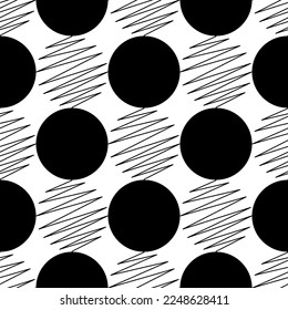 Abstract circles. Seamless vector pattern. Black color ring figures and curve lines on a white background. For creative designs, papers, wallpapers, wrappers, textiles, fabrics, and web.