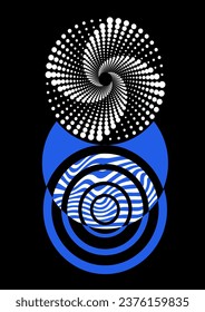 Abstract circles set. Blue and white geometric shapes with lines and dots. Futuristic style art object. Template, layout and mock up. Cartoon flat vector collection isolated on black background