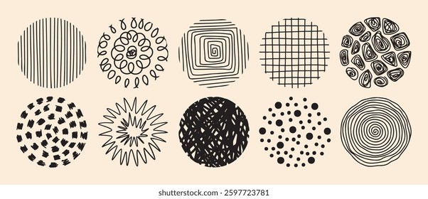 abstract circles for social media with pattern set. Modern round elements for stories. Doodle with stamp texture, curves, and wavy lines. Vector illustration