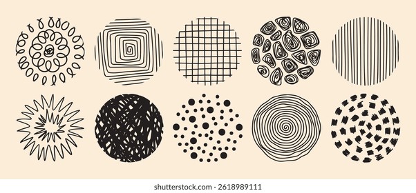abstract circles for social media with pattern set. Modern round elements for stories. Doodle with stamp texture, curves, and wavy lines. Vector illustration
