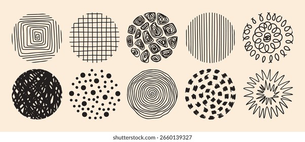 Círculos abstractos para redes sociales con patrón establecido. Modernos Elementos redondos para historias. Doodle con textura de sello, curvas y líneas onduladas. Ilustración vectorial