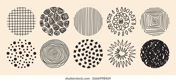 Círculos abstractos para redes sociales con patrón establecido. Modernos Elementos redondos para historias. Doodle con textura de sello, curvas y líneas onduladas. Ilustración vectorial