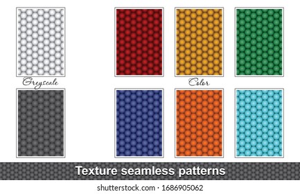 Abstract circles texture seamless patterns. Small size look like little 3D orbs, beads or peas. Geometric backgrounds set of a bright colors.