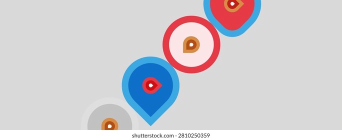 Abstract circles, varying colors, layered design. Simple shapes create playful composition against gray background. Minimalist aesthetic.