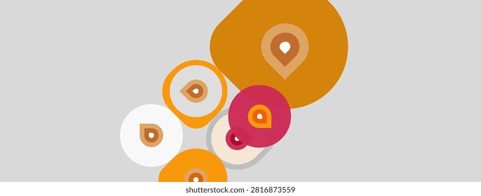 Abstract circles, varying sizes, colors. Pin icons inside some shapes. Light gray background. Simple design, modern aesthetic.