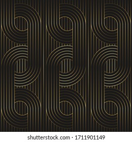 Abstract circles and vertical lines background. Retro art deco style black background with golden color seamless pattern