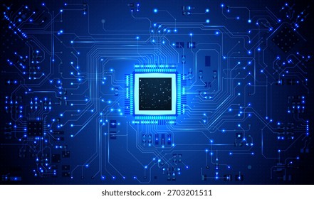 Fondo del circuito Abstractas. Chip brillante, líneas de placa, puntos de conexión digital. Concepto de tecnología de computadora de Vector. Datos de IA, diseño de microchip, potencia del procesador electrónico. Tecnología de red futurista